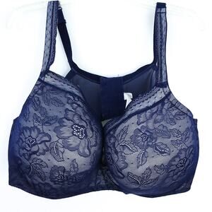Cacique Modern Lace Covered Lightly Lines Balconette 46DDD Bra Navy Blue White